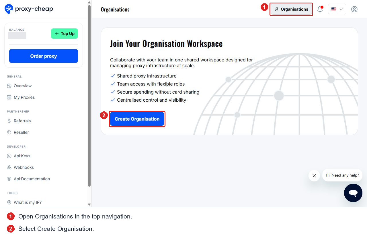 Open Organisations, then select Create Organisation.