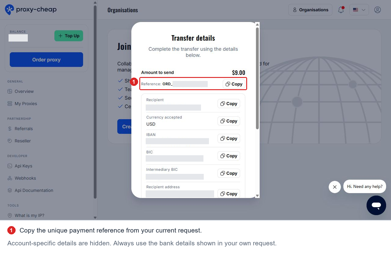 Unique payment reference and Copy button highlighted in red