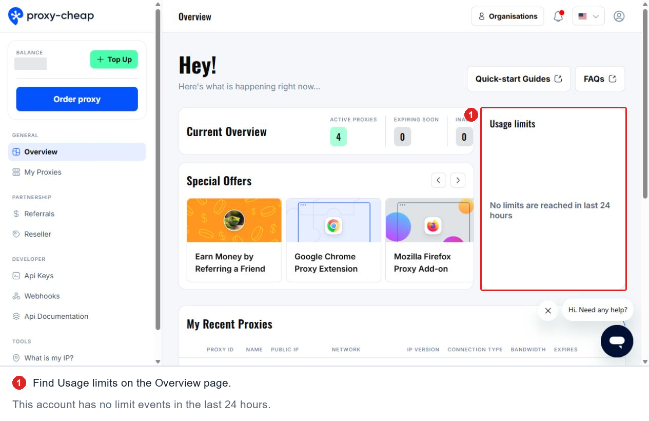 On Overview, look for the Usage limits card. This example shows no limits reached in the last 24 hours.