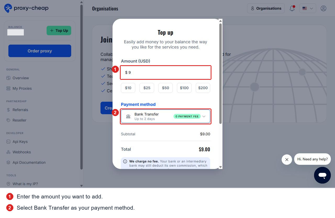 Amount and Bank Transfer payment method highlighted in red