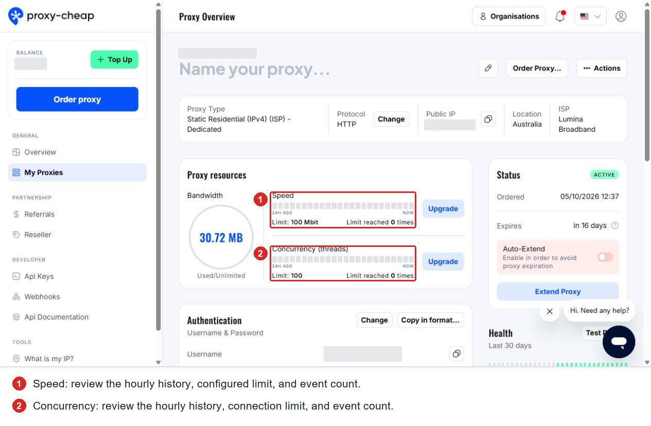Open a proxy to find Proxy resources. The red boxes show the speed and concurrency history, limit values, and event counts.